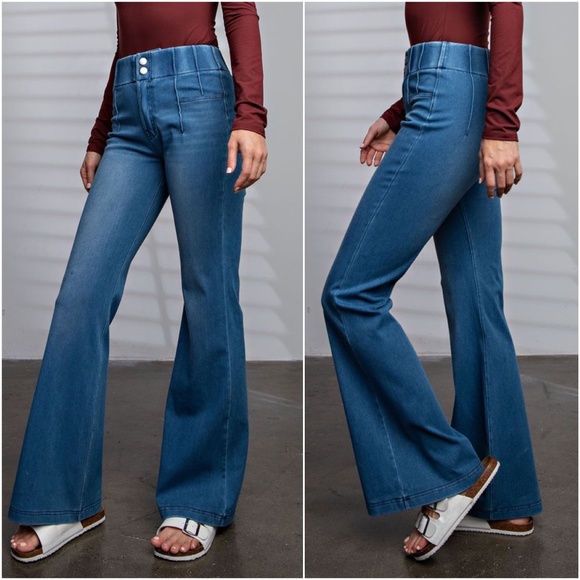 014 Medium Wash Flared Wide leg Denim Jean Pants - Picture 2 of 3